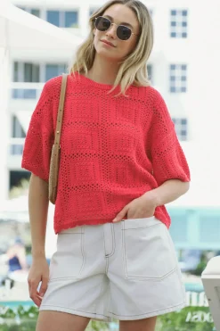 Ceres Life Tops|Square Knit Boxy Tee - Heritage Red