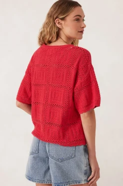 Ceres Life Tops|Square Knit Boxy Tee - Heritage Red