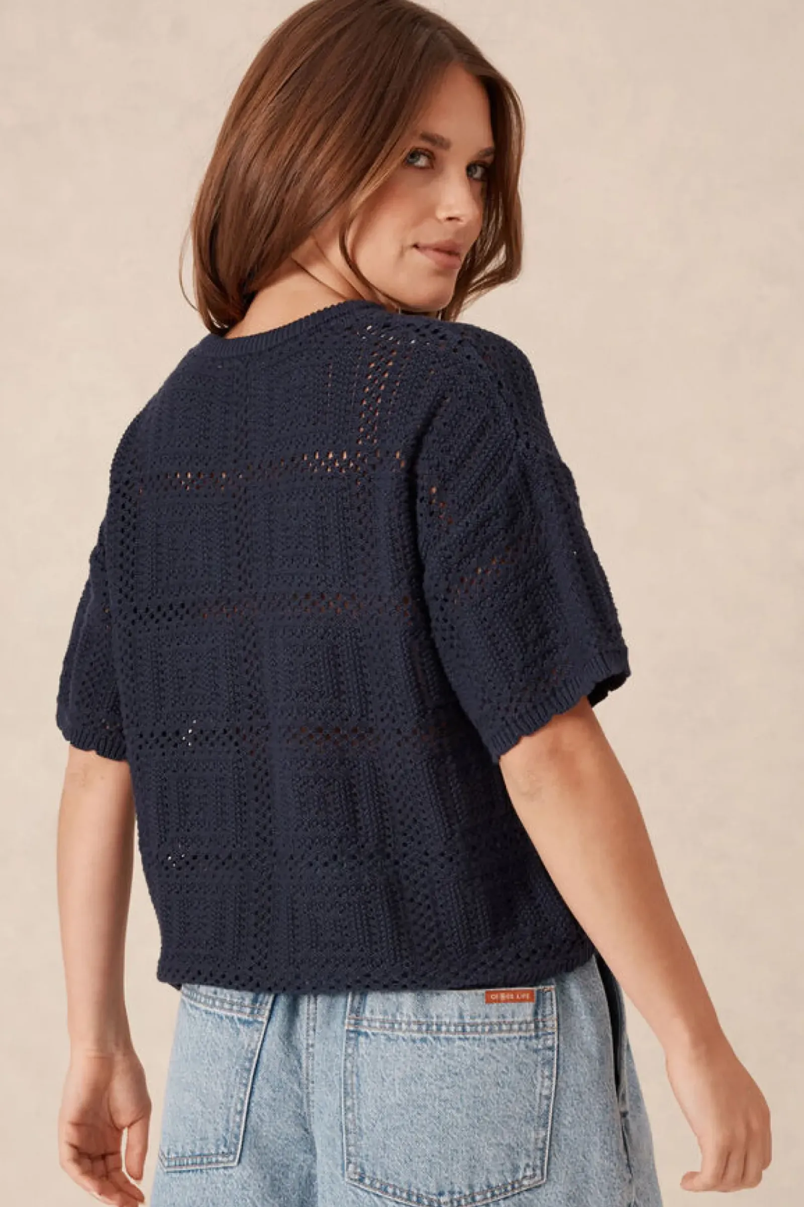 Ceres Life Tops|Square Knit Boxy Tee - New Navy