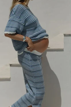 Ceres Life Tops|Textured Boxy Knit Tee - Summer Blue Stripe