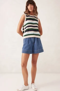 Ceres Life Tops|Textured Mulit Stripe Knit Tank - Aqua Pine Navy Stripe