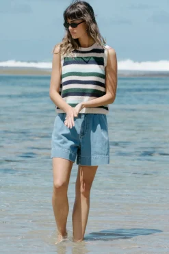 Ceres Life Tops|Textured Mulit Stripe Knit Tank - Aqua Pine Navy Stripe