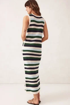 Ceres Life Knitwear|Dresses|Textured Multi Stripe Knit Midi Dress - Aqua Pine Navy Stripe