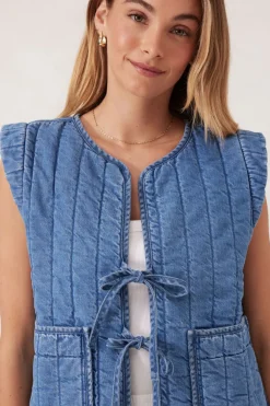Ceres Life Tops|Tie Quilted Vest - Worn Blue