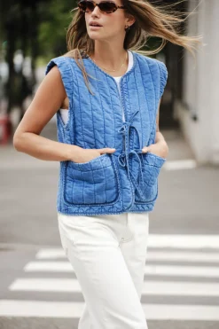Ceres Life Tops|Tie Quilted Vest - Worn Blue