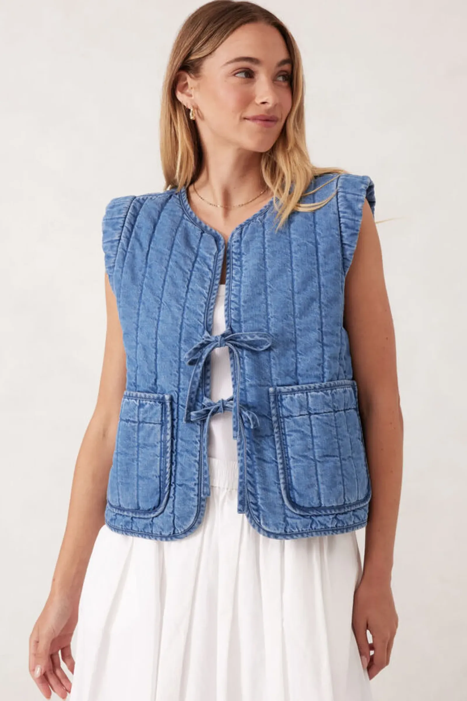 Ceres Life Tops|Tie Quilted Vest - Worn Blue