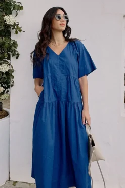 Ceres Life Dresses|Tiered Poplin Midi Dress - Fresh Cobalt