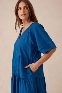 Ceres Life Dresses|Tiered Poplin Midi Dress - Fresh Cobalt