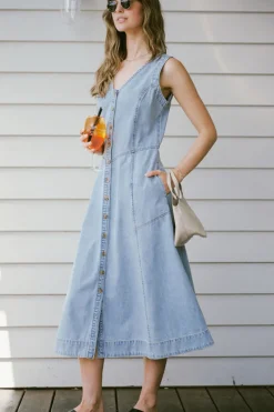 Ceres Life Dresses|V Neck Flared Midi Dress - Worn Blue