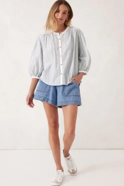 Ceres Life Tops|Woven Collarless Top - Green Ladder Stripe