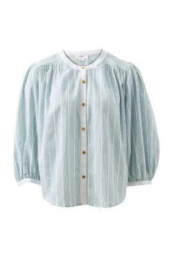 Ceres Life Tops|Woven Collarless Top - Green Ladder Stripe