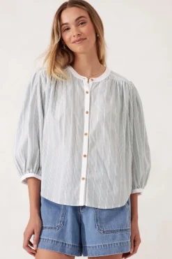 Ceres Life Tops|Woven Collarless Top - Green Ladder Stripe