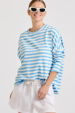 Est1971 Tops|Est 1971 Raw Summer Sweatshirt - Blue/White Stripe