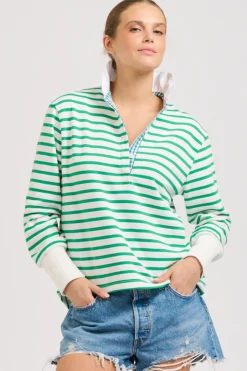 Est1971 Jumpers|Est 1971 Rugby Frill Collar Cotton Sweatshirt - Green Stripe