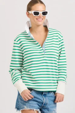 Est1971 Jumpers|Est 1971 Rugby Frill Collar Cotton Sweatshirt - Green Stripe
