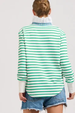 Est1971 Jumpers|Est 1971 Rugby Frill Collar Cotton Sweatshirt - Green Stripe