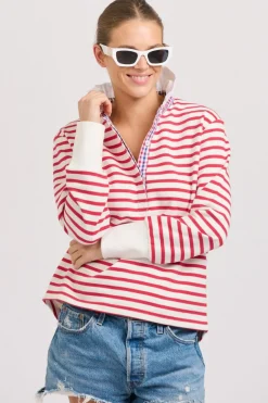 Est1971 Jumpers|Est 1971 Rugby Frill Collar Cotton Sweatshirt - Raspberry Stripe