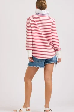 Est1971 Jumpers|Est 1971 Rugby Frill Collar Cotton Sweatshirt - Raspberry Stripe
