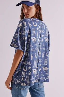 Free People Tops|Painted Floral Tee - Navy Combo