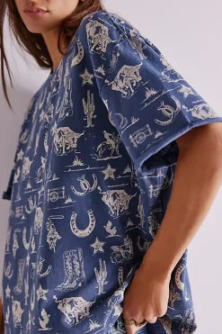 Free People Tops|Painted Floral Tee - Navy Combo