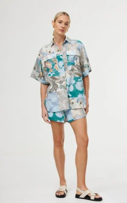 Kinney Tops|Juniper Shirt - Cyan Patchwork