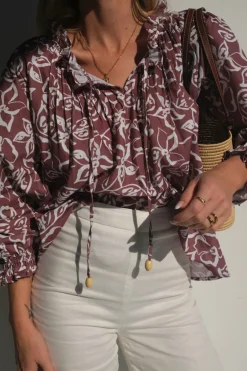 Lunar Fox Tops|Charlotte Linen Blouse - Sangria