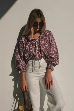 Lunar Fox Tops|Charlotte Linen Blouse - Sangria