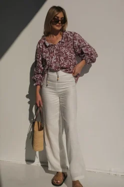Lunar Fox Tops|Charlotte Linen Blouse - Sangria