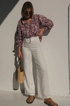 Lunar Fox Tops|Charlotte Linen Blouse - Sangria