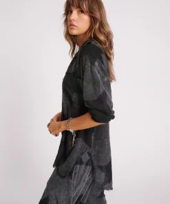 One Teaspoon Tops|Black Star Muslin Longline Shirt - Charcoal