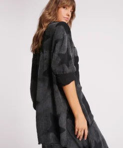 One Teaspoon Tops|Black Star Muslin Longline Shirt - Charcoal