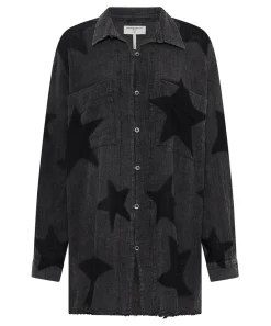 One Teaspoon Tops|Black Star Muslin Longline Shirt - Charcoal
