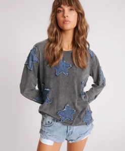 One Teaspoon Tops|Denim Star Boyfriend Longsleeve Tee - Black Acid
