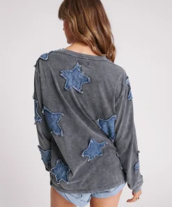 One Teaspoon Tops|Denim Star Boyfriend Longsleeve Tee - Black Acid