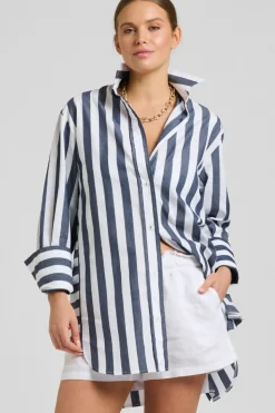 Shirty Clothing Tops|Shirty Andrea Oversized Boyfriend Shirt- Navy Stripe