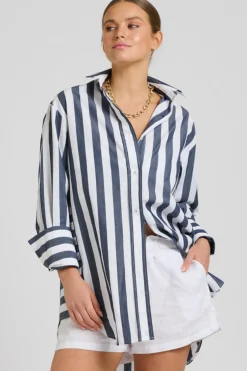 Shirty Clothing Tops|Shirty Andrea Oversized Boyfriend Shirt- Navy Stripe