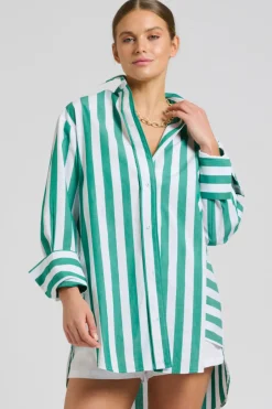 Shirty Clothing Tops|Shirty Andrea Oversized Boyfriend Shirt- Green Stripe