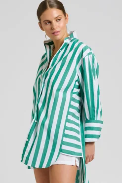 Shirty Clothing Tops|Shirty Andrea Oversized Boyfriend Shirt- Green Stripe