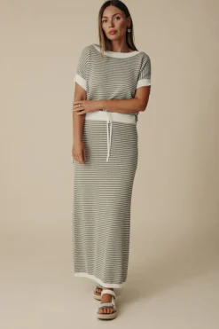 Talamaya Skirts|Lattice Knitted Skirt - Dusty Olive & Cream