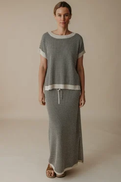 Talamaya Tops|Lattice Short Sleeve Pullover - Washed Black & Soft Gold