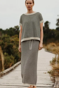 Talamaya Tops|Lattice Short Sleeve Pullover - Washed Black & Soft Gold