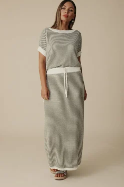 Talamaya Tops|Knitwear|Lattice Short Sleeve Pullover- Dusty Olive & Cream