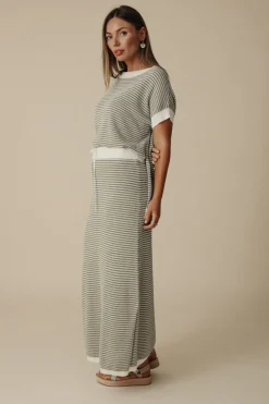Talamaya Tops|Knitwear|Lattice Short Sleeve Pullover- Dusty Olive & Cream