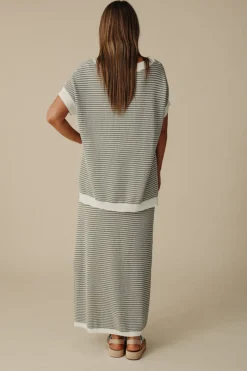Talamaya Tops|Knitwear|Lattice Short Sleeve Pullover- Dusty Olive & Cream