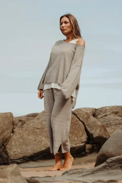 Talamaya Tops|Retreat Cotton Twist Pullover - Dusty Olive & White